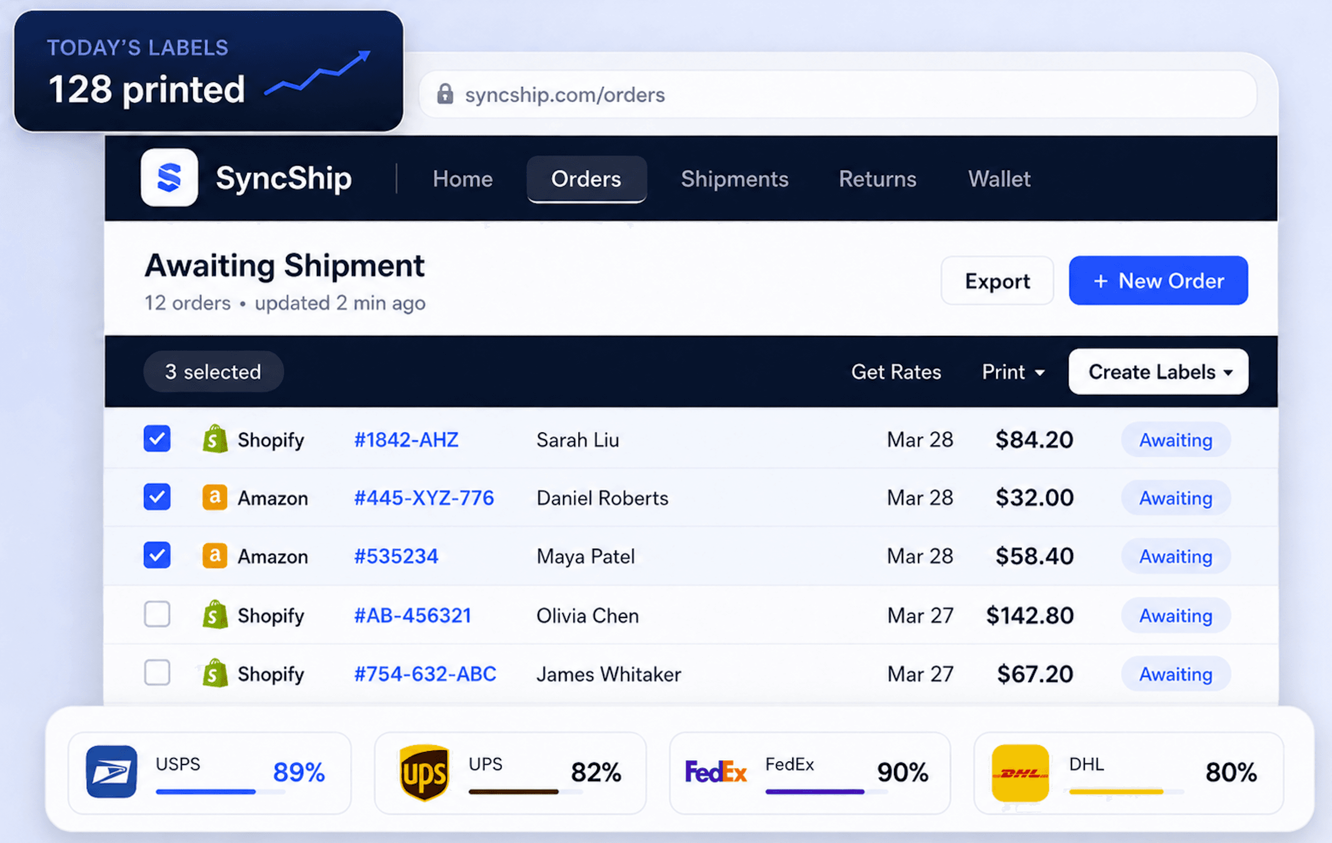 SyncShip dashboard showing live carrier rates and label printing