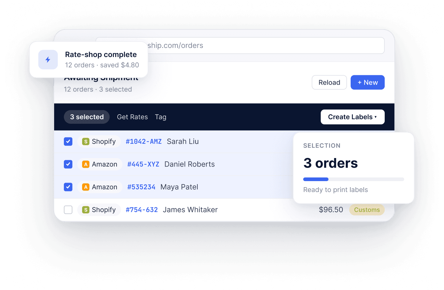 SyncShip orders table with bulk-action bar and intent-grouped filters
