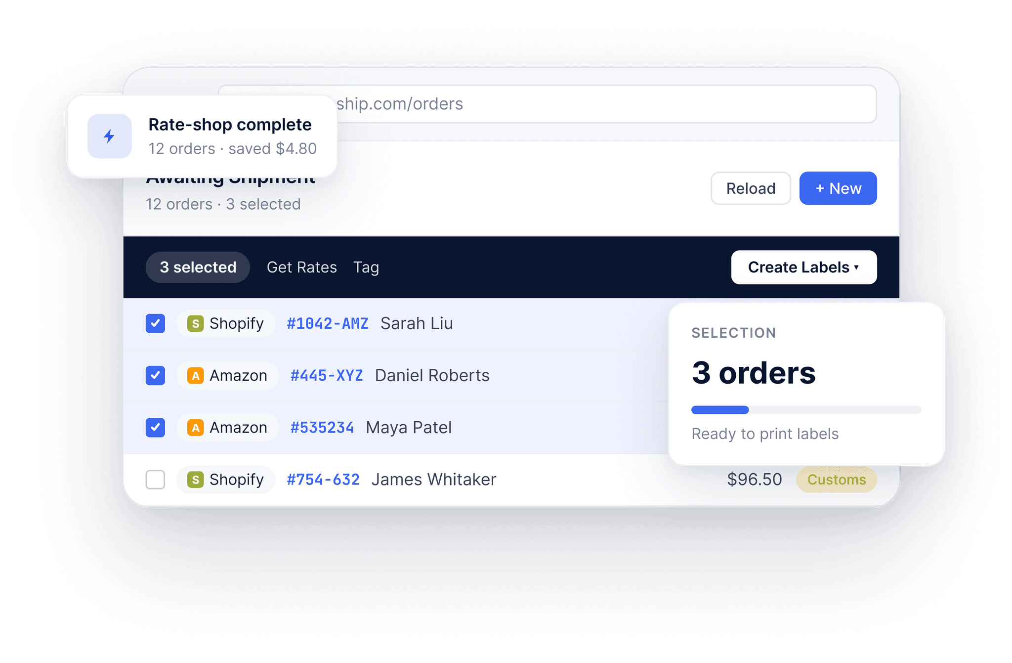 SyncShip dashboard showing live carrier rates and label printing